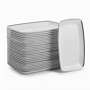 Glownary Coupe Dynasty Rectangular Plastic Platter, White with Silver Band, 12.75 x 8.25 Inch, 120 Count, BPA Free, for Events and Weddings
