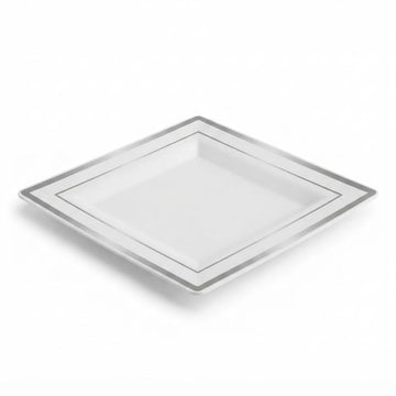 Glownary Halo 8-Inch Square White Plastic Plates with Silver Bands, Disposable, BPA Free, for Weddings and Events, 10 Count