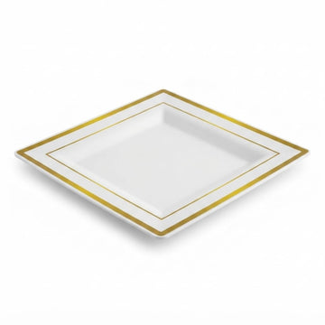 Glownary Halo Square Plastic Plates, 8 Inch, White with Gold Bands, BPA Free, Disposable, for Wedding and Events, 10 Count Sample Pack