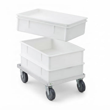 Glownary Commercial Dough Proofing Box Set, White Polypropylene, 3 Stackable Boxes with Lid and Aluminum Dolly, 25.5 x 18 x 6 Inches, for Bakery and Pizza