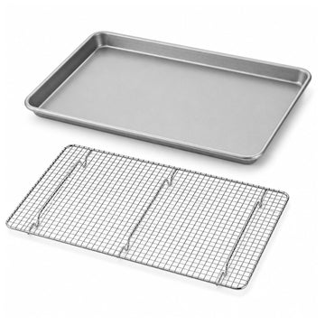 Glownary Half Size Sheet Pan and Cooling Rack Set, 18 Gauge Aluminum with Non-Stick Coating, 13 x 18 Inch, Stainless Steel Rack, Rectangle, Wire-Rimmed, Silver