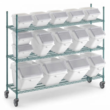 Glownary 18x72 Inch Epoxy Wire Shelving Unit with 15 Storage Bins, 4 Shelves, Mobile Cart, 600lb per Shelf, Green and White, with Casters and Scoops