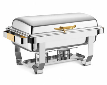 Glownary Supreme Full Size Chafer, 9 Qt Stainless Steel with Gold Accents, Hinged Top, Mirror Finish, Rectangle, 25.25x18.25x15 Inches