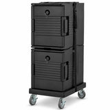 Front Loading Insulated Food Pan Carrier Kit, Black Polyethylene, 12-Pan Capacity with Dolly and Strap, Double Style, Hot/Cold Compartment, 18.7x26.7x48.8 Inches