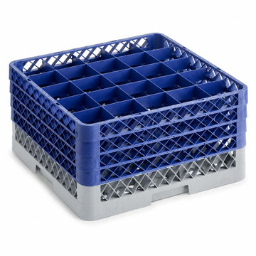 Glownary 25-Compartment Glass Rack, Gray Plastic, Full-Size 19.25x19.25x10.625 Inches, with 4 Blue Extenders, for Wine and Champagne Glasses