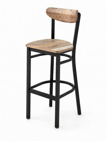 Glownary Bar Stool with Driftwood Wood Seat and Back, Black Powder-Coated Steel Frame, 29 Inch Seat Height, Boomerang Style