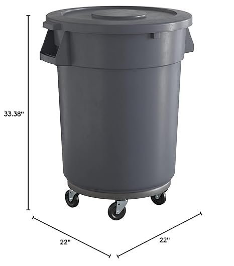 32 Gallon Gray Round Commercial Trash Can with Lid and Dolly