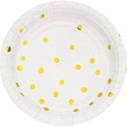 Creative Converting Club Pack Foil Program Tableware White with Gold Foil 7in Round Paper Plates, Box of 96 Paper Plates