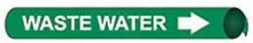 Pipe Marker - Precoiled and Strap-on - Waste Water, Green, For Pipe 1-1/8" - 2-3/8",8"W