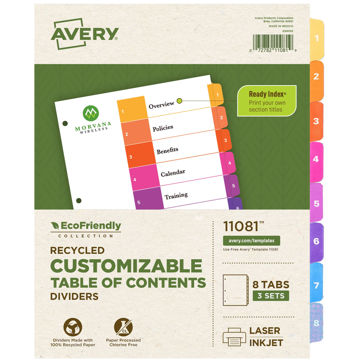Avery Post Consumer Divider Set, Letter, Assorted, 3/Pack - 8-Tab