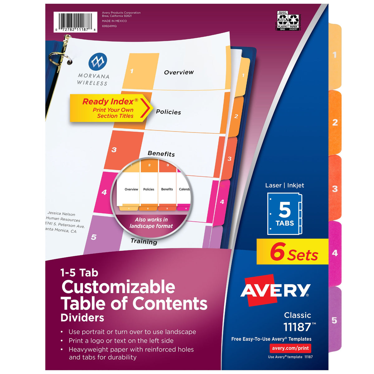 Avery Post Consumer Divider Set, Letter, Assorted, 6/Pack - 5-Tab