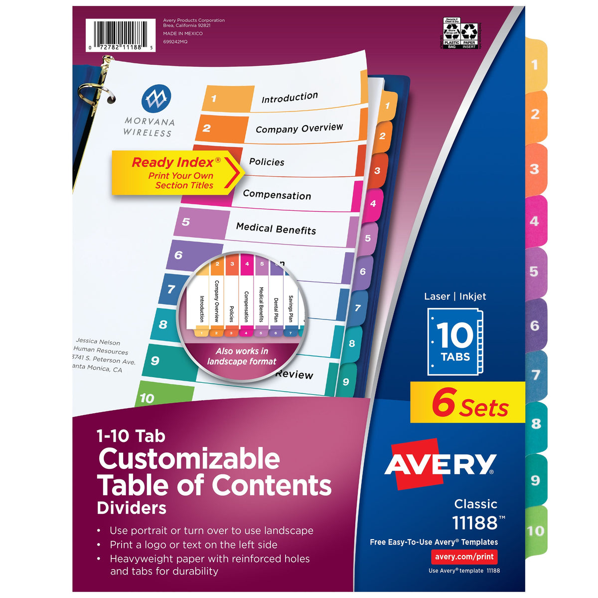 Avery Post Consumer Divider Set, Letter, Assorted, 6/Pack - 10-Tab
