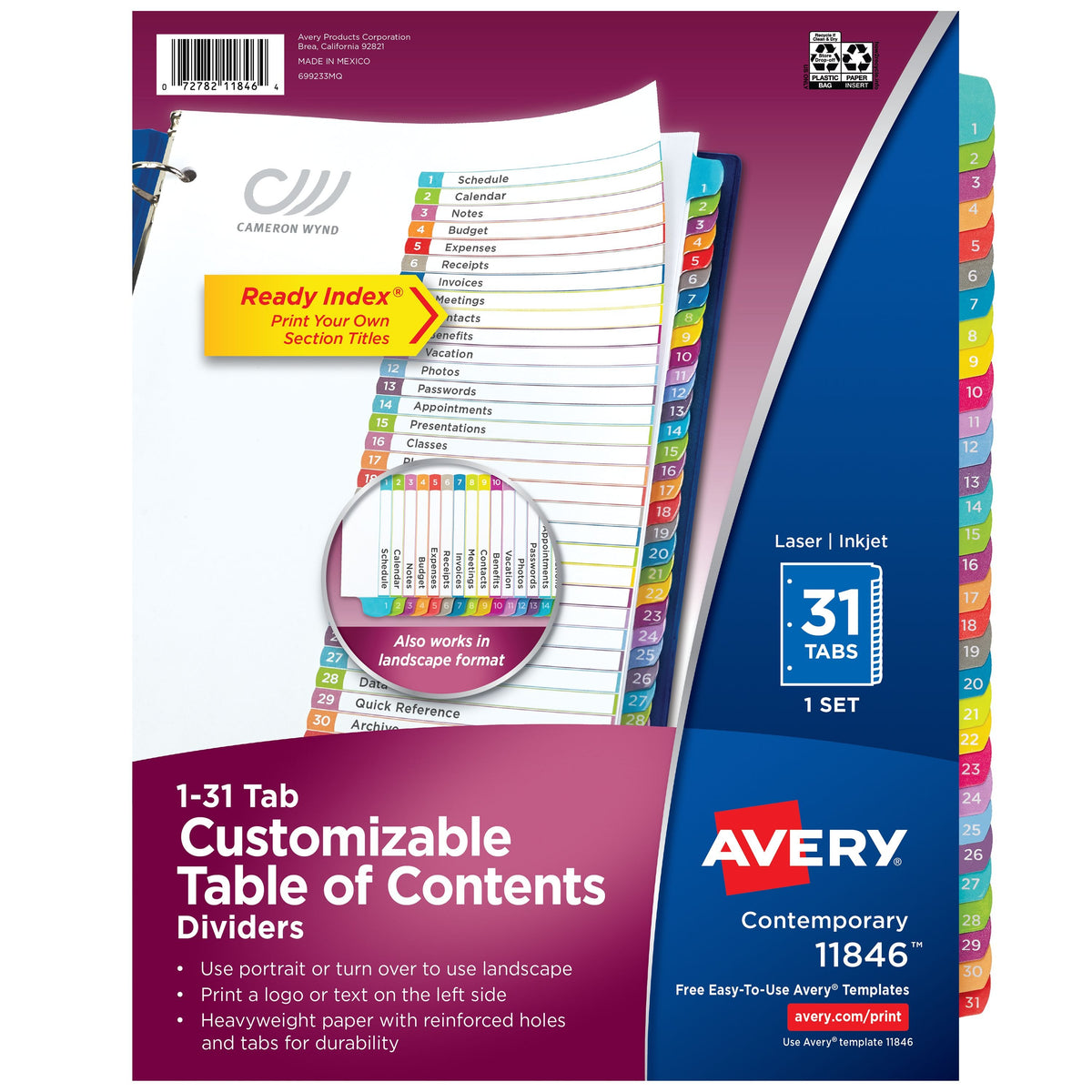 Avery Divider, Letter, Assorted - 31-Tab Monthly