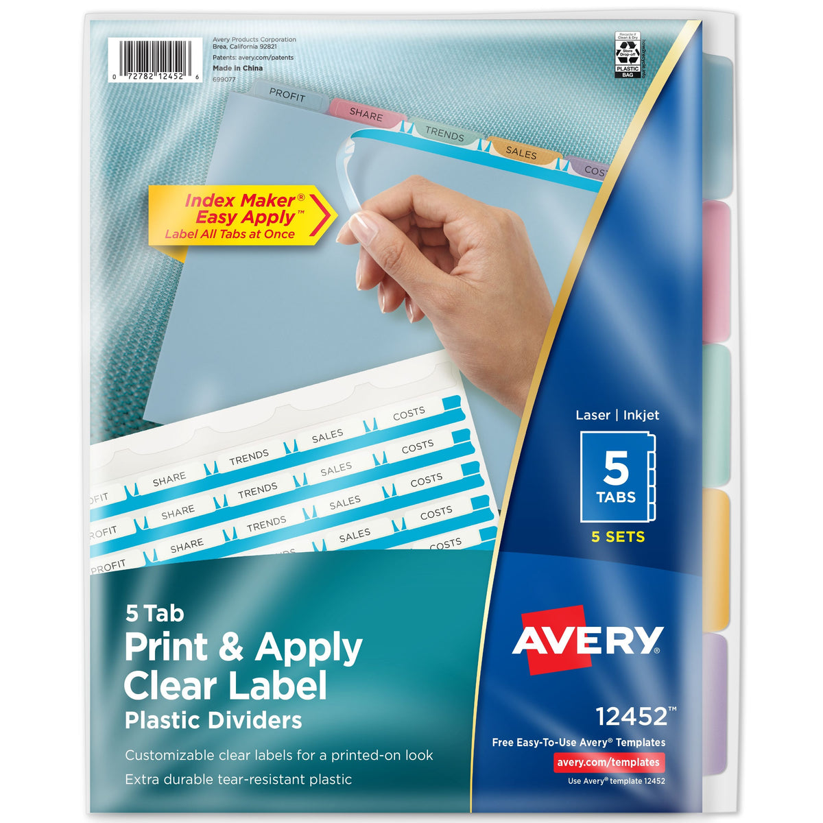 Avery Plastic Label Divider, Letter, Assorted, 5/Pack - 5-Tab Multicolor