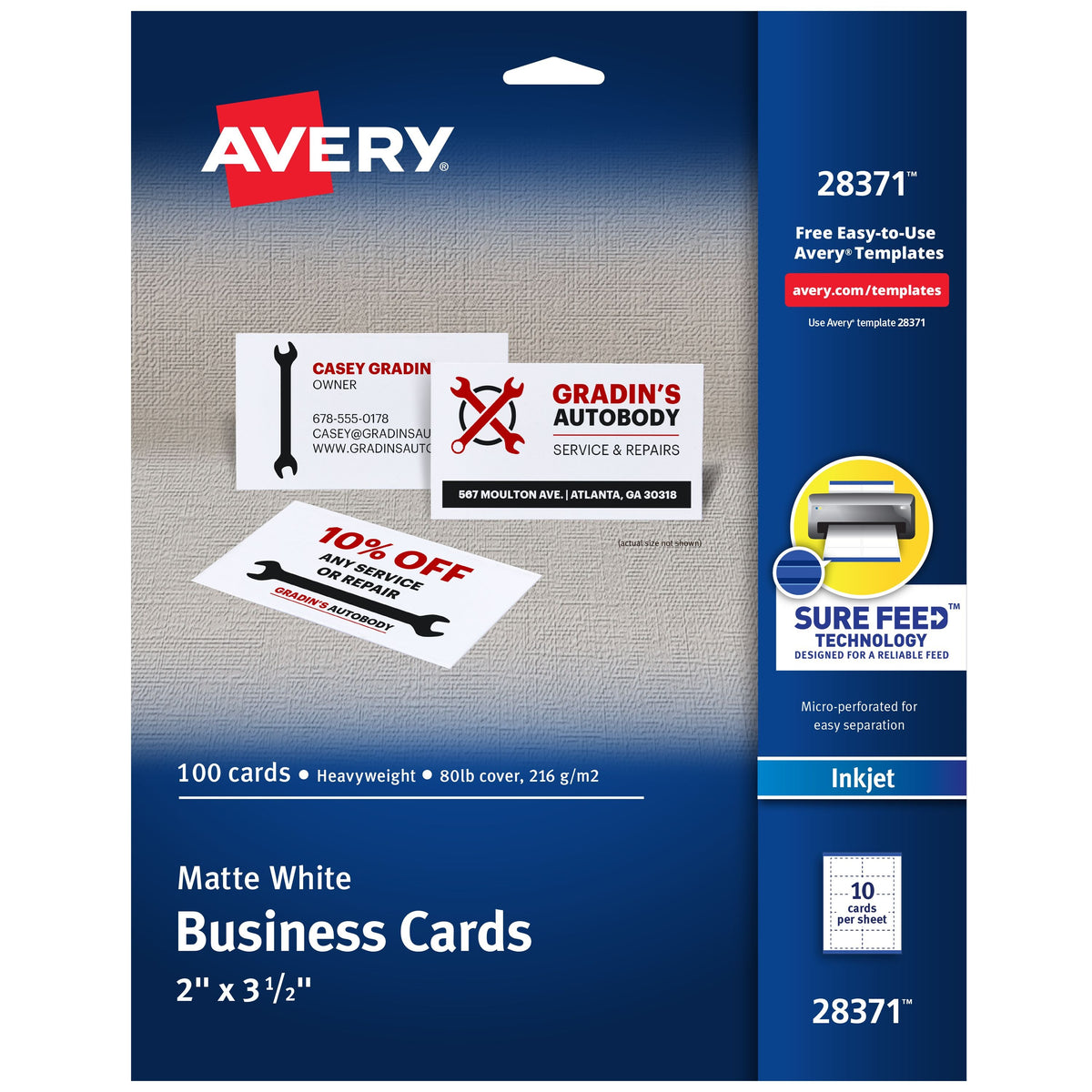 Avery 28371 Cardstock Business Card, 2" x 3 1/2", White, 100/Pack - Default Title