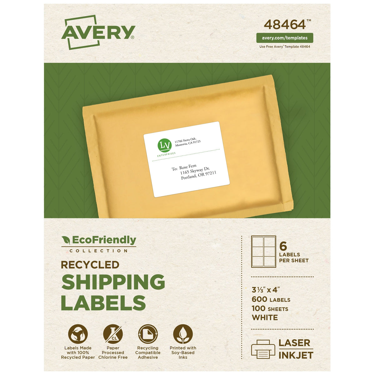 Avery 48464 Recycled Materials Label, 3 1/3" x 4", White, 600/Box - Default Title