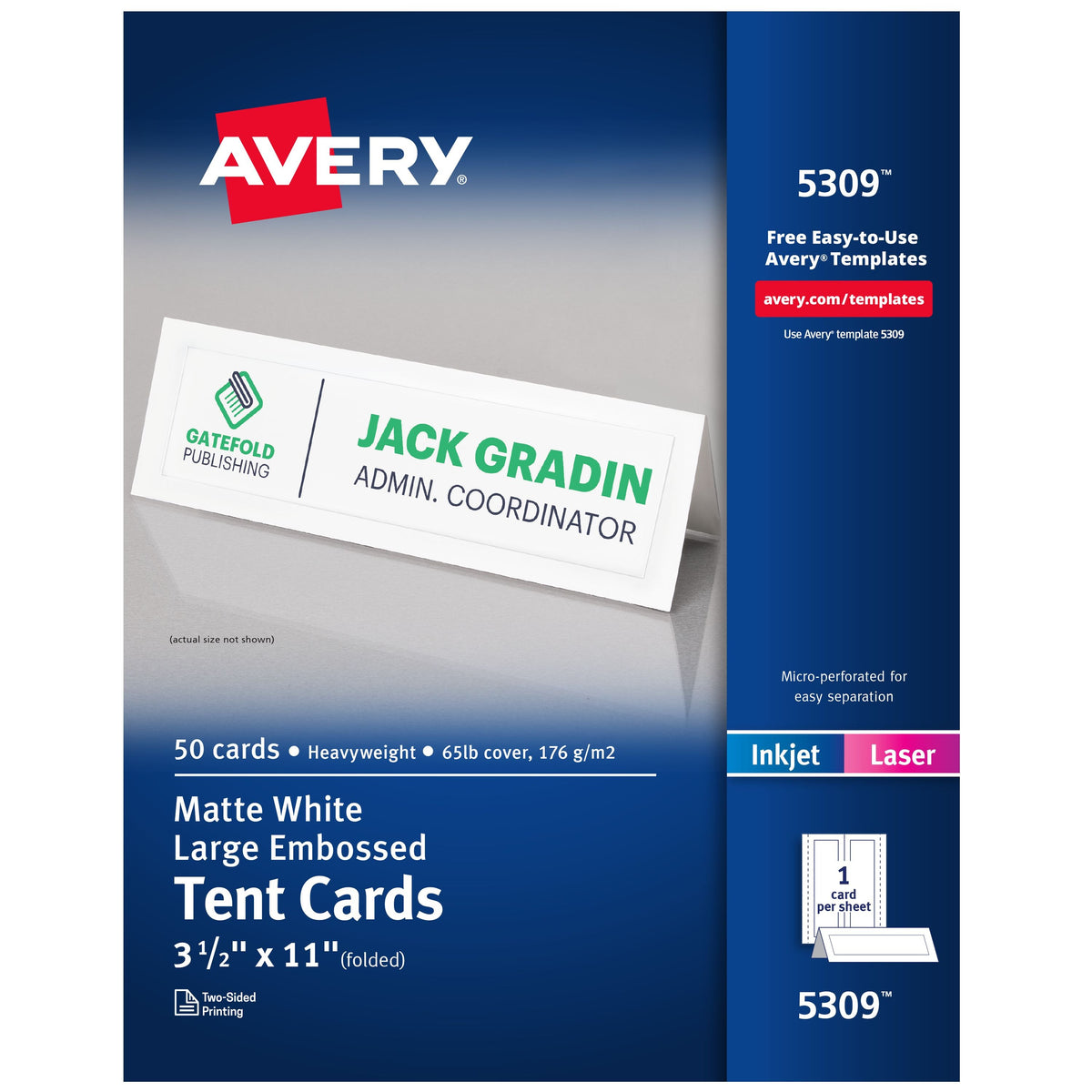 Avery Cardstock Tent Card, 3 1/2" x 11", 50/Box - White