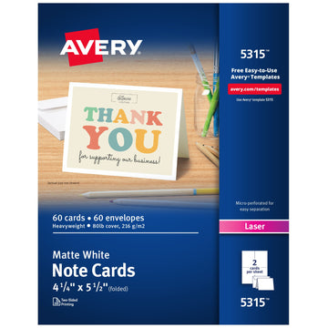 Avery 5315 Cardstock Note Card, 4 1/4" x 5 1/2", White, 60/Pack - Default Title