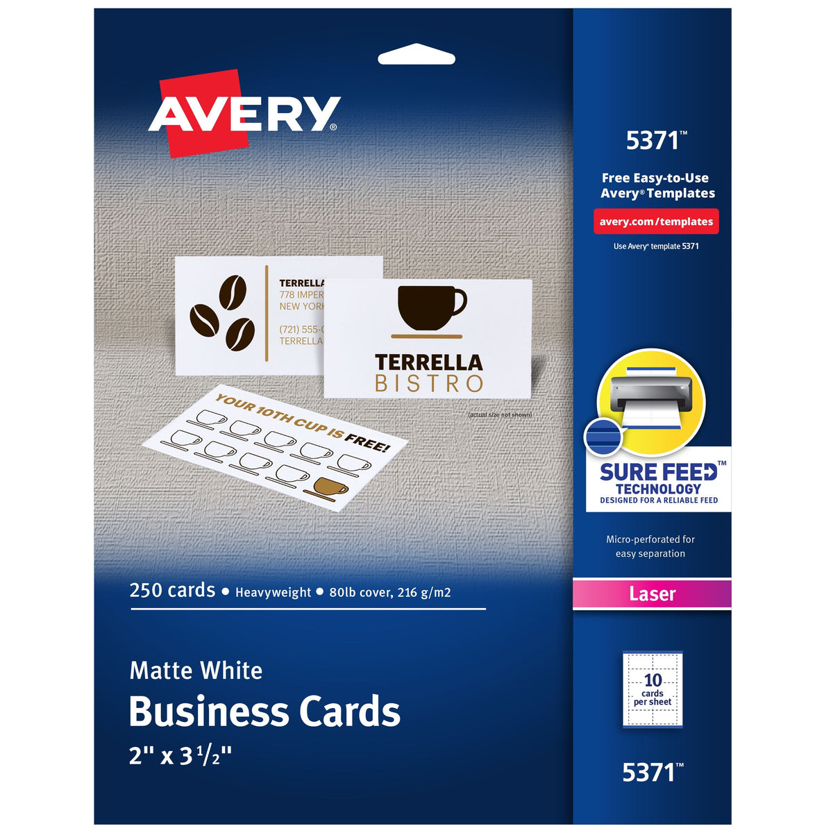 Avery Cardstock Business Card, 2" x 3 1/2", White - 250/Pack