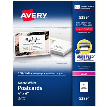 Avery 5389 Cardstock Postcard, 4" x 6", White, 100/Pack - Default Title