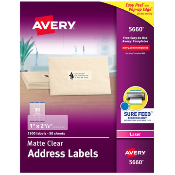 Avery 5660 Mailing Label, 1" x 2 5/8", Clear, 1,500/Box - Default Title
