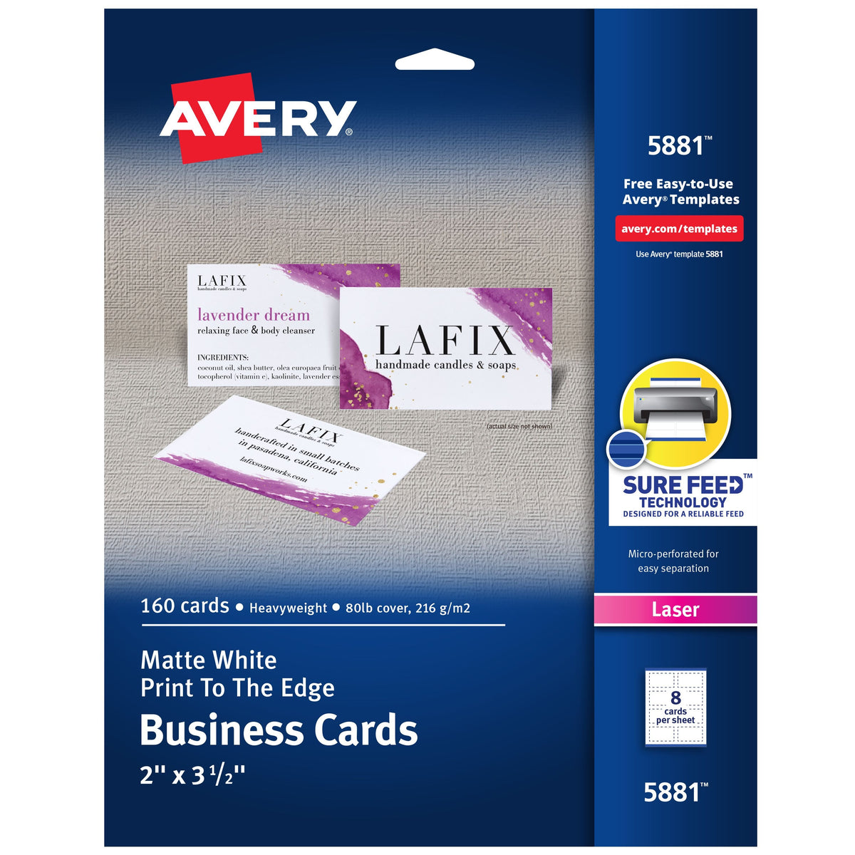Avery 5881 Cardstock Business Card, 2" x 3 1/2", White, 160/Pack - Default Title