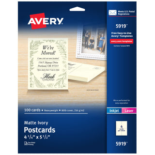 Avery 5919 Cardstock Postcard, 4 1/4" x 5 1/2", Ivory, 100/Box - Default Title