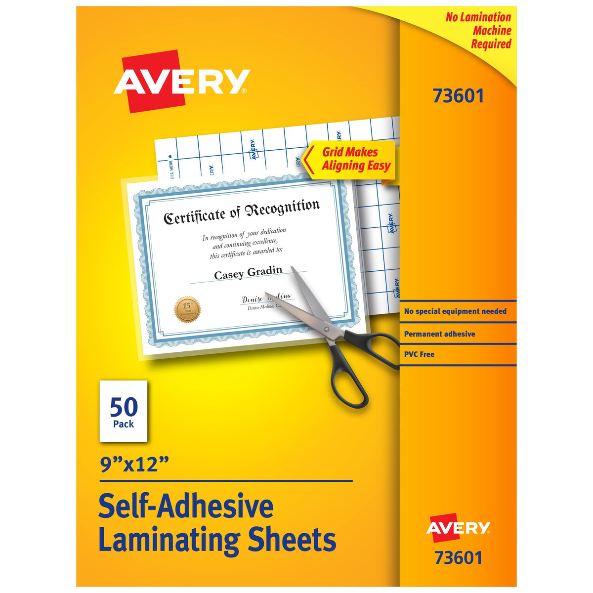 Avery 73601 Self-Adhesive Laminating Sheets, 9" x 12", Clear, 50/Box - Default Title