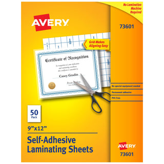 Avery 73601 Self-Adhesive Laminating Sheets, 9" x 12", Clear, 50/Box - Default Title
