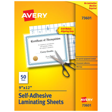 Avery 73601 Self-Adhesive Laminating Sheets, 9" x 12", Clear, 50/Box - Default Title