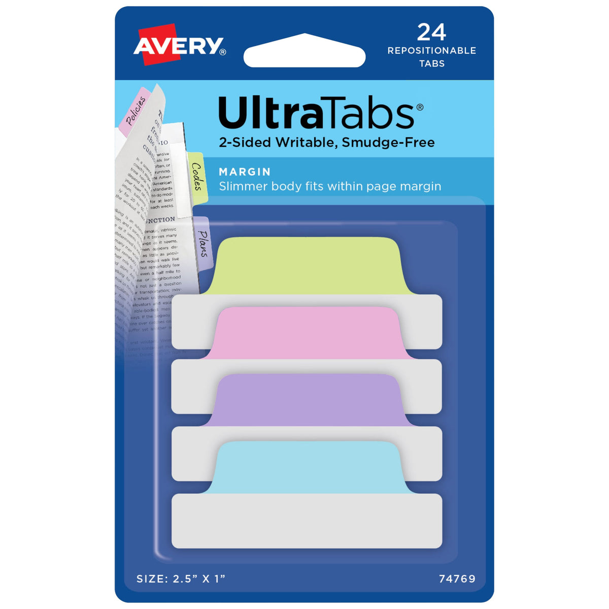 Avery Self-Adhesive Tab, 2 1/2" x 1", Assorted, 24/Pack - Pastel