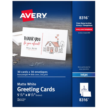 Avery 8316 Cardstock Greeting Card, 5 1/2" x 8 1/2", White, 30/Box - Default Title