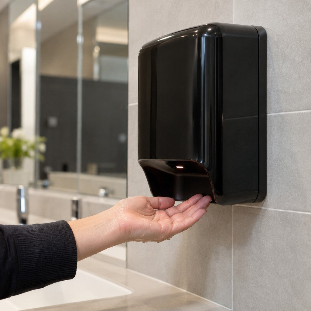 Lavex Stainless Steel Hand Dryer, 7" Wide, 110-130V - in use