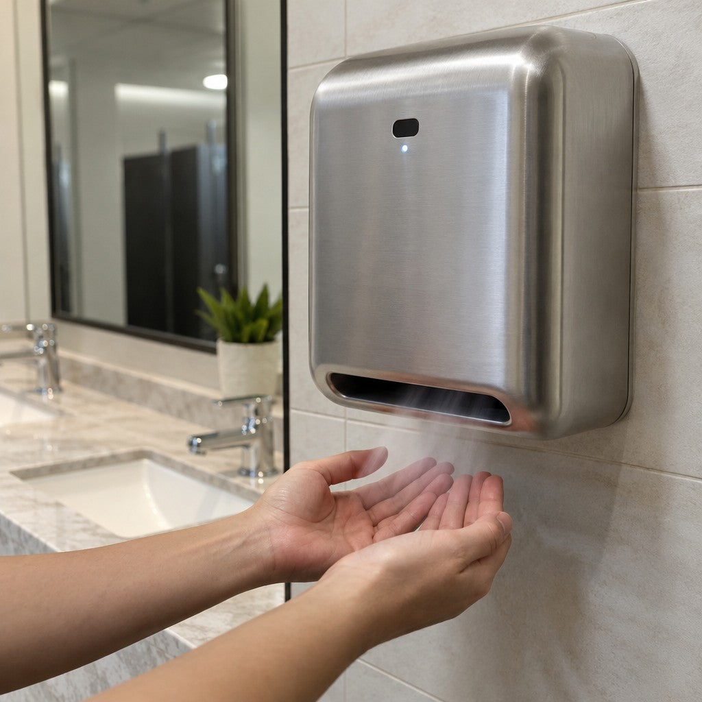 Lavex Stainless Steel Hand Dryer, 7" Wide, 110-130V - in use