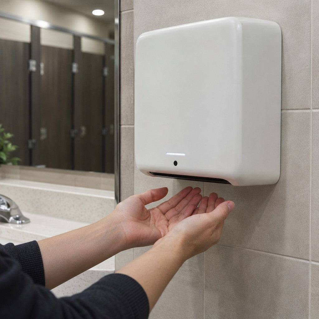 Lavex Stainless Steel Hand Dryer, 7" Wide, 110-130V - in use