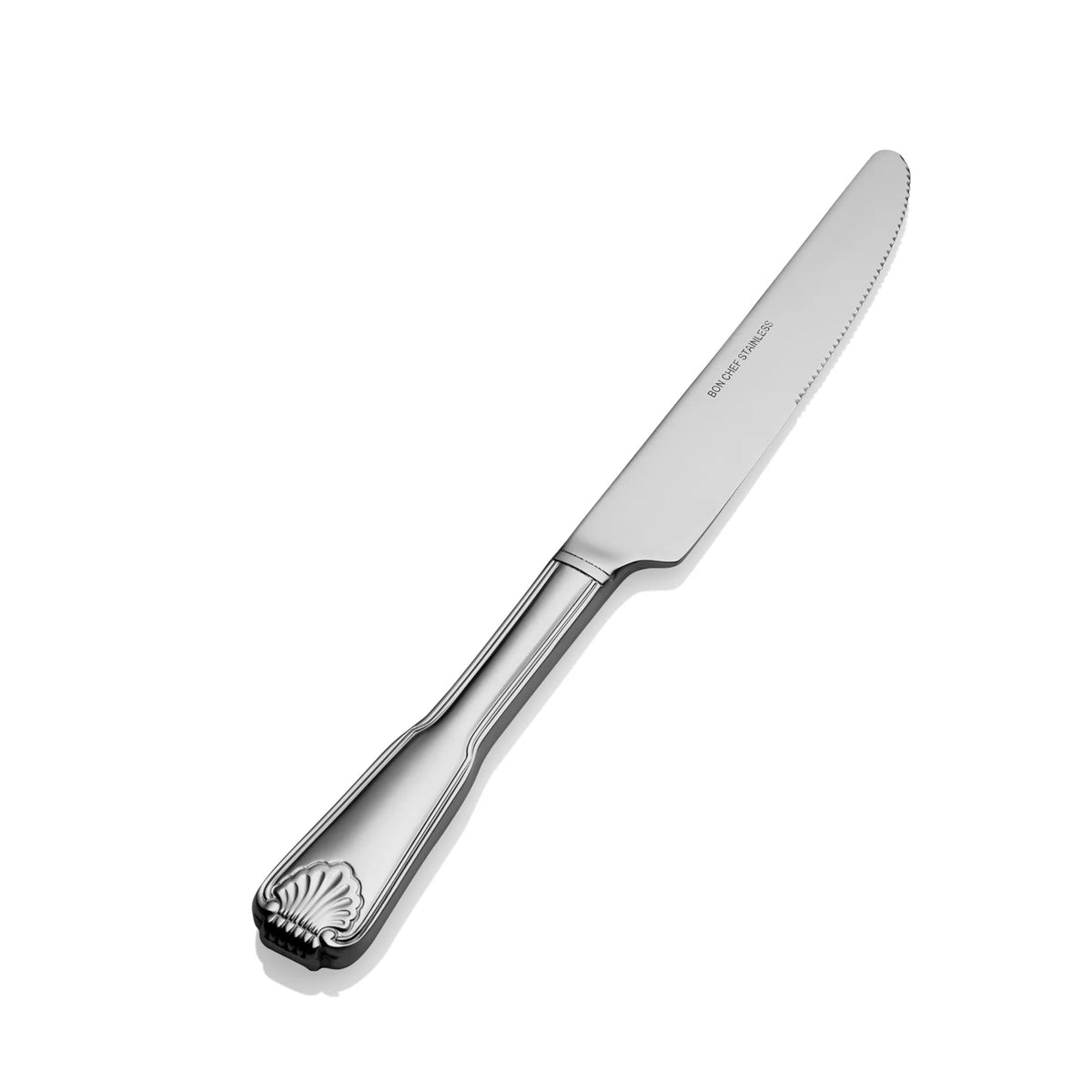 Bon Chef Shell Stainless Steel Teaspoon, Silver, 12/Case - 9 7/8" 13/0 European Size Solid Handle Dinner Knife