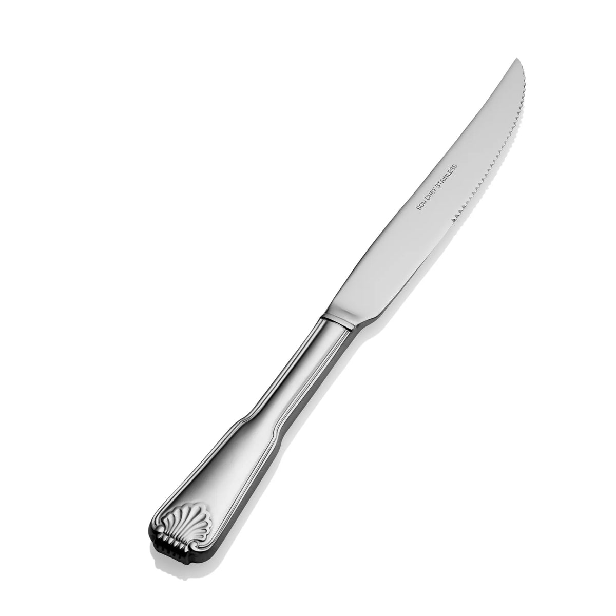 Bon Chef Shell Stainless Steel Teaspoon, Silver, 12/Case - 10" 13/0 European Size Solid Handle Steak Knife