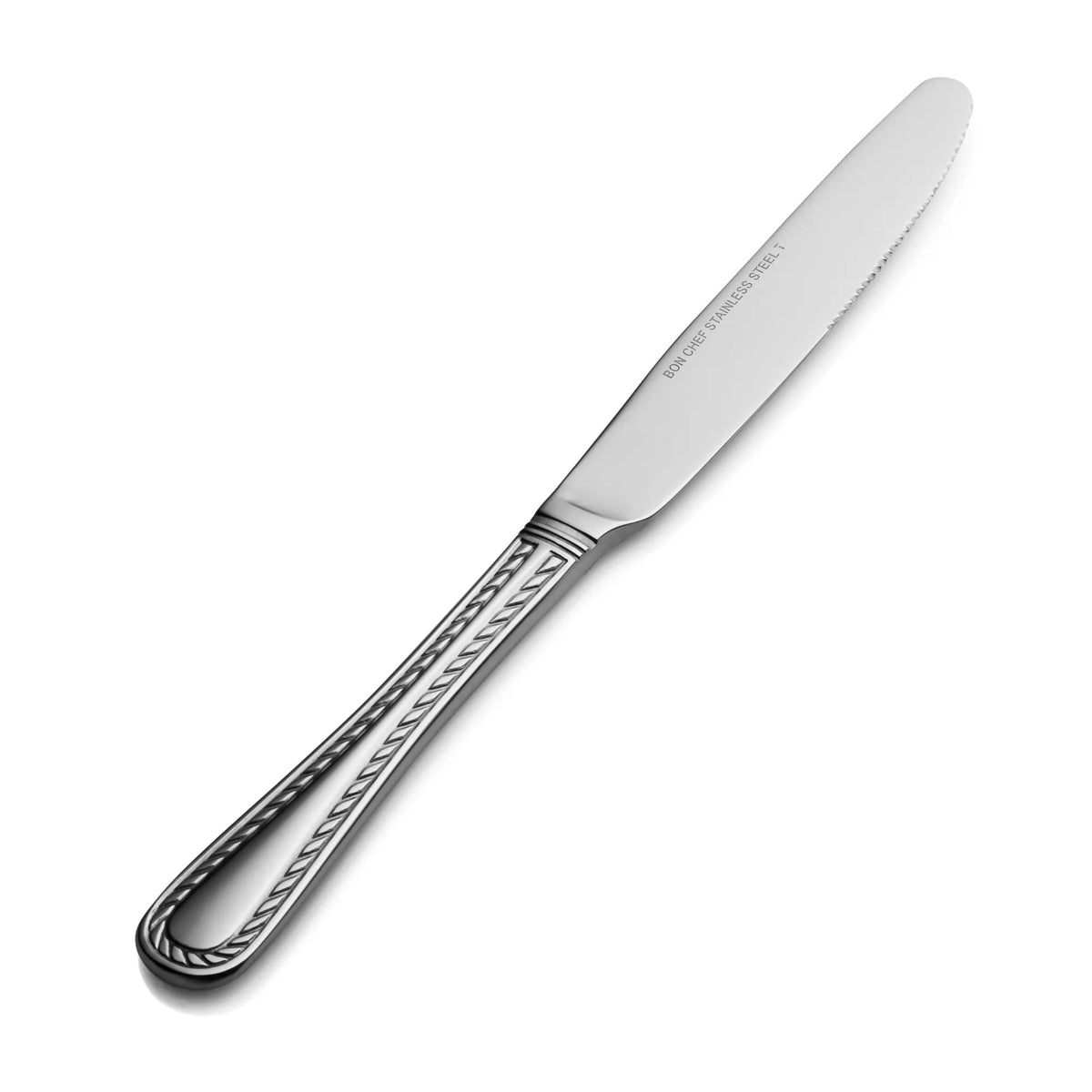 Bon Chef Amore Stainless Steel Teaspoon, Silver, 12/Case - 9 1/4" 13/0 Solid Handle Regular Dinner Knife