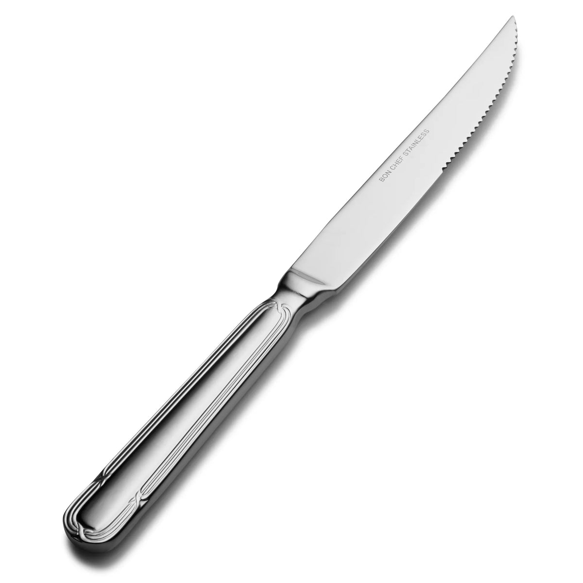 Bon Chef Florence Stainless Steel Teaspoon, Silver, 12/Case - 9 5/8" 13/0 European Size Solid Handle Steak Knife