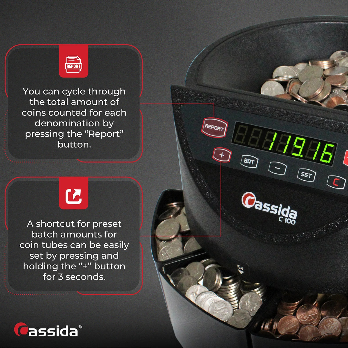 Cassida C-C100 Coin Counter Sorter, 12 1/8" x 16", 110-220V - photo 3