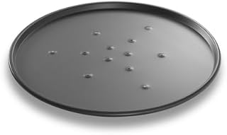 Chicago Metallic BĀKALON Thin Crust Pizza Pan, 12" dia. x 3/8" deep | perforated bottom, hand wash only, 14 gauge hardcoat anodized aluminum, plain, made in the USA with global materials