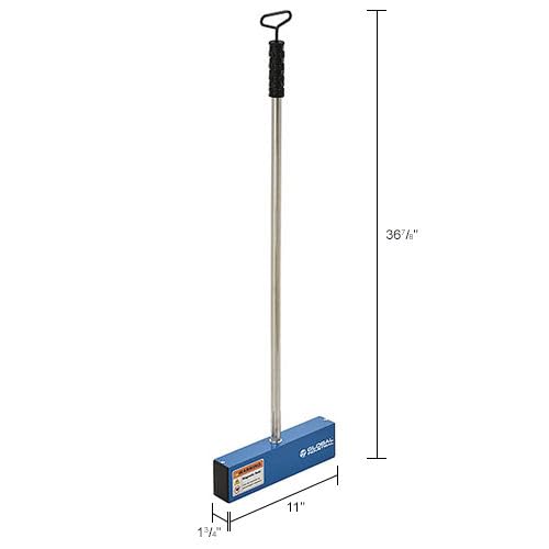 Magnetic Nail Sweeper With Load Release Handle by Global Industrial – 1.75"L x 11"W x 36.88"H, Silver/Blue, Model 116111