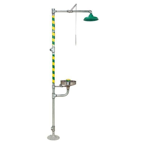 Combination Emergency Shower and Eye/Face Wash with Axion MSR Showerhead by Haws – 30"L x 35"W x 91"H, Stainless Steel/ABS Plastic, Green/Silver, Model 8300-8309