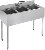 Krowne 18-33 Silver Series Three Compartment Sink, 36" W x 18.5" D, (3) 10"D x 14"W x 10"H Bowl Size, (3) 1-1/2" drains, 3” H backsplash with Wall Mount Faucet Included