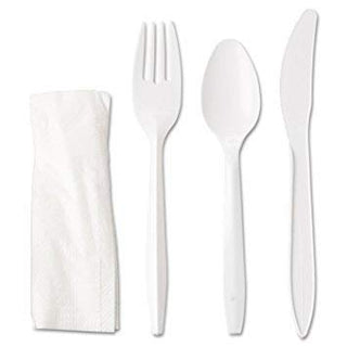 250 Heavy Weight Plastic White Cutlery Kits Individually Wrapped Sets Includes Tea-Spoon, Fork, Napkin, Knife, Disposable (4-