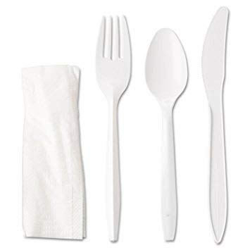 250 Heavy Weight Plastic White Cutlery Kits Individually Wrapped Sets Includes Tea-Spoon, Fork, Napkin, Knife, Disposable (4-in-1)