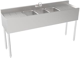 Krowne 18-63C Silver Series Three Compartment Sink with Left and Right Drainboards, 72" W x 18.5" D, (3) 10"D x 14"W x 10"H Bowl Size, (3) 1-1/2" drains