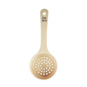 Spoonout, 6 oz., 8.75" x 3.375" x 1.625", Perforated, Short Handle with Black Capacity Markings (oz/ml), Polycarbonate, Beige, NSF by Tablecraft – Model 10655
