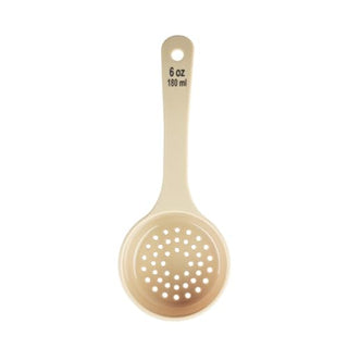 Spoonout, 6 oz., 8.75" x 3.375" x 1.625", Perforated, Short Handle with Black Capacity Markings (oz/ml), Polycarbonate, Beige, NSF by Tablecraft – Model 10655
