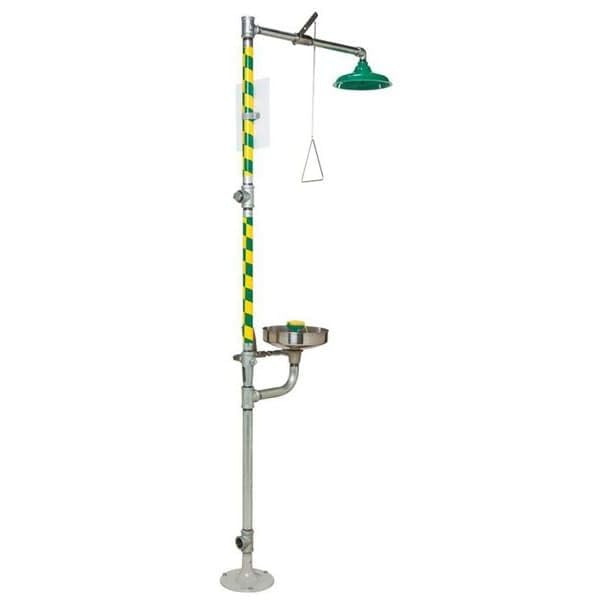 Combination Emergency Shower and Eye/Face Wash with Axion MSR Showerhead by Haws – 30"L x 35"W x 91"H, Stainless Steel/ABS Plastic, Green/Silver, Model 8300-8309